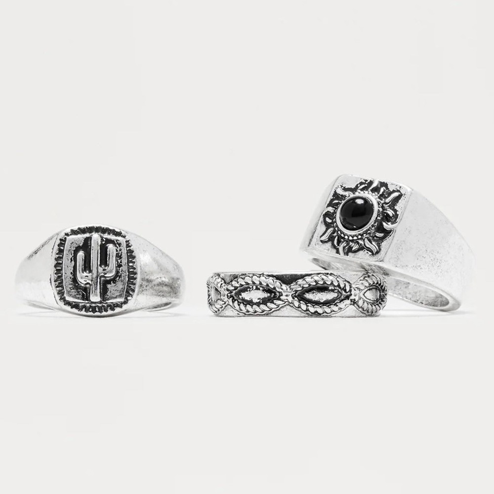 Silver Metal Western Cowboy Ring Set Mens 9 Barbwire Punk Cactus Sun Black Stone